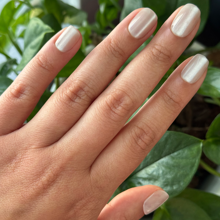 Marshmallow Velvet - Press-On | Extra Short | Squoval soft white velvet effect nails shown on hand with greenery background