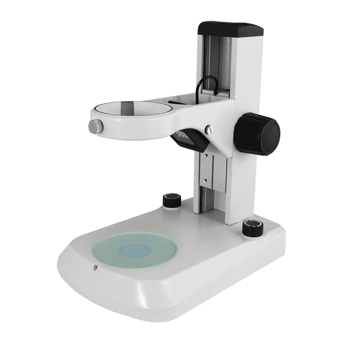 Microscope Track Stand, 76mm Coarse Focus Rack, 240mm Track Length, Top and Bottom LED Light (Dimmable), SKU ST04030101, three quarter front view