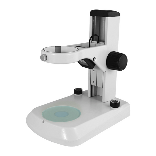 Microscope Track Stand, 76mm Coarse Focus Rack, 240mm Track Length, Top and Bottom LED Light (Dimmable), SKU ST04030101, three quarter front view