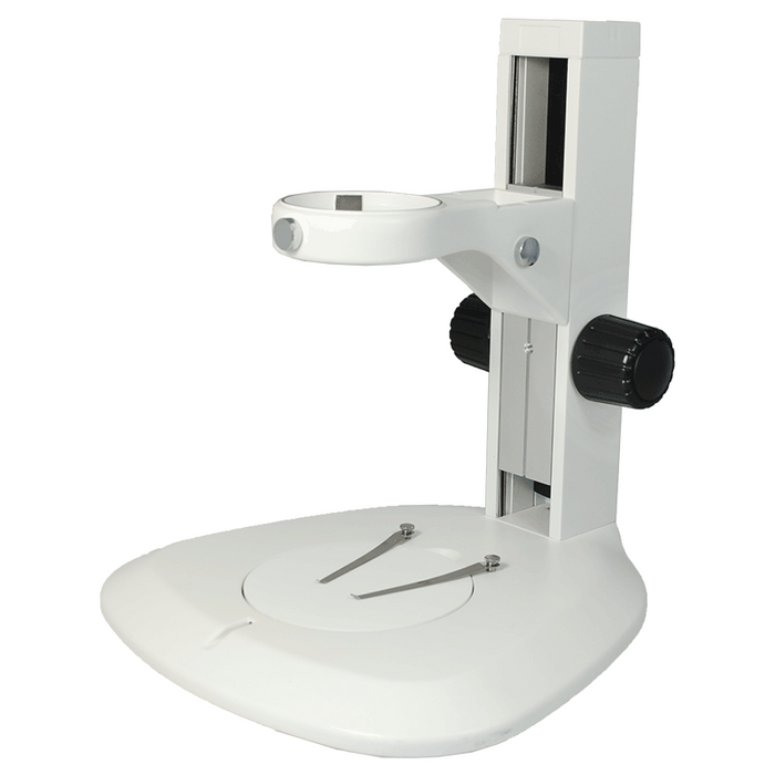 Microscope Track Stand, 76mm Coarse Focus Rack, 300mm Track Length, Fan-Shape Base, SKU ST09031101, three quarter front view