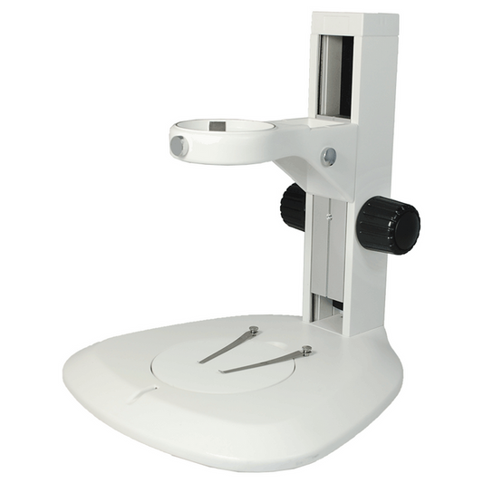 Microscope Track Stand, 76mm Coarse Focus Rack, 300mm Track Length, Fan-Shape Base, SKU ST09031101, three quarter front view