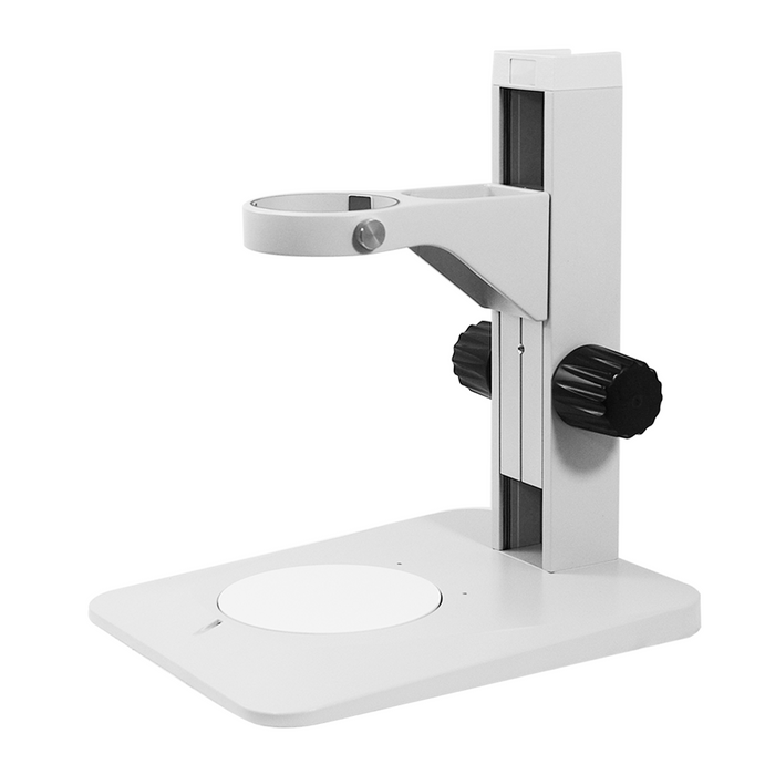 Microscope Track Stand, 76mm Coarse Focus Rack, 300mm Track Length, Rectangle Base, SKU ST04030201, three quarter front view