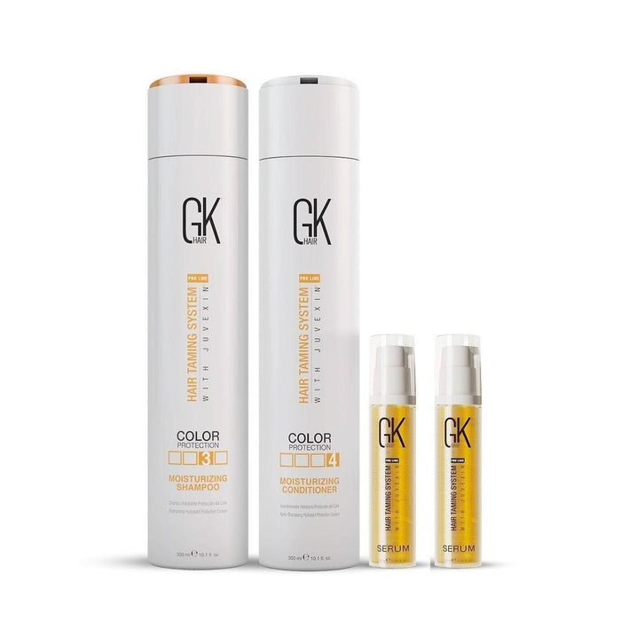 GK Hair Mini Moisture Pack: Color Protection Moisturizing Shampoo step 3, Conditioner step 4, 300 ml, and two 10 ml serum pumps