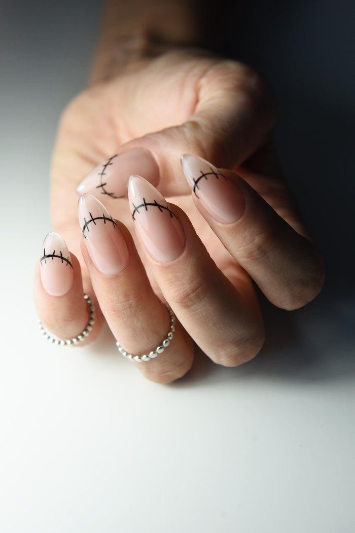 MINIMALIST HALLOWEEN Nail Art, cute french simple manicure. Stitches, nude nail, gift for halloween, ideas, long stiletto claws, fall autumn – Luxury Handmade Reusable Press On Nails
