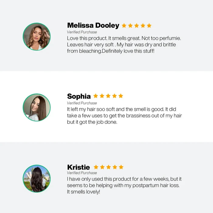 Three five-star verified reviews of GK Hair Moisturizing Shampoo & Conditioner: soft hair, good scent, less brassiness