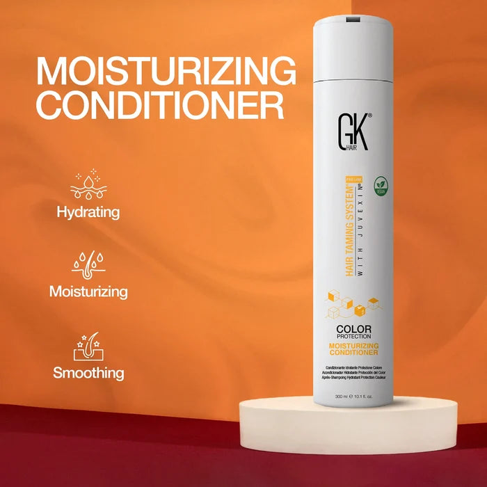 Moisturizing Conditioner headline, white Color Protection 300 ml bottle on a plinth, icons Hydrating, Moisturizing, Smoothing