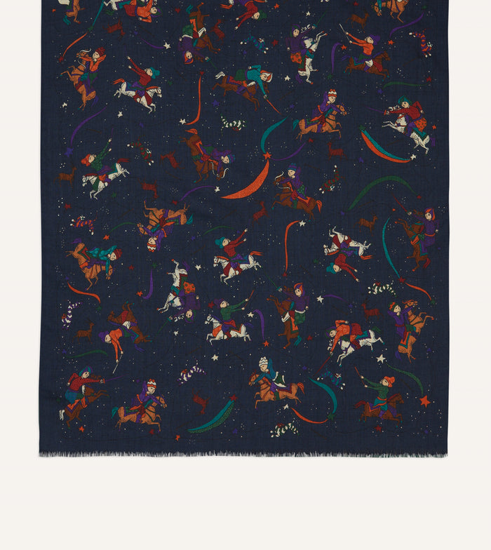 Navy Mughal and Stars Print Wool Scarf