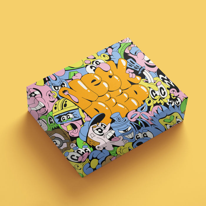 A vibrant rectangular box features bold cartoon faces and characters, with Neck Deep in large yellow bubble letters on the lid. This limited edition 500-piece puzzle is from Neck Deep and sits on a solid yellow background.
