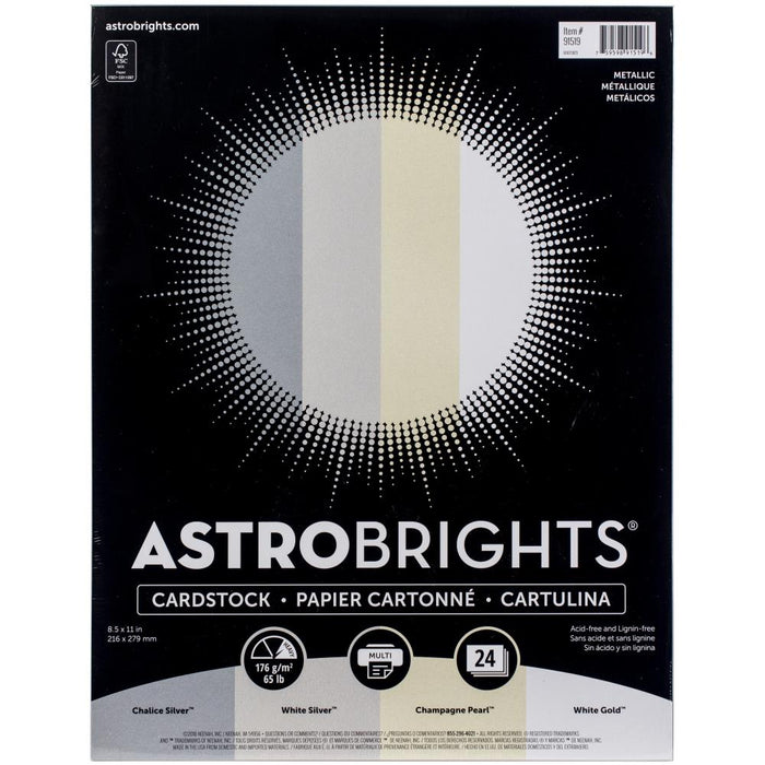Neenah - Metallic Cardstock 8.5"X11" - 24/Pkg - Astrobrights - 4 Colors/6 Each. The perfect addition to your paper crafting projects. This package contains 24 8.5x11 inch sheets in four colors (six of each color). Acid and lignin free. Made in USA. Available at Embellish Away located in Bowmanville Ontario Canada.