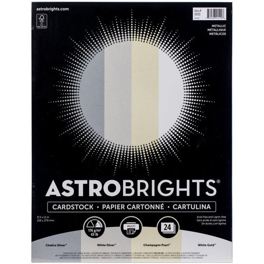 Neenah - Metallic Cardstock 8.5"X11" - 24/Pkg - Astrobrights - 4 Colors/6 Each. The perfect addition to your paper crafting projects. This package contains 24 8.5x11 inch sheets in four colors (six of each color). Acid and lignin free. Made in USA. Available at Embellish Away located in Bowmanville Ontario Canada.