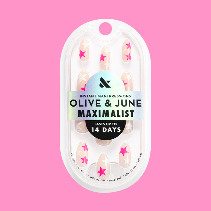 Neon Star Mixed Pack - Press-On | Medium | Almond featuring sheer nails with white and neon pink star accents for easy at-home manicure