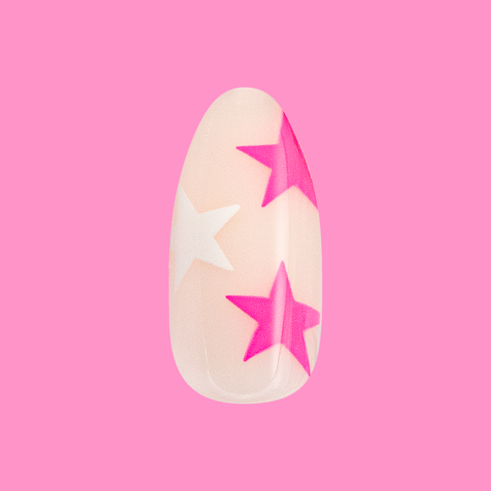 Neon Star Mixed Pack - Press-On | Medium | Almond with sheer base and white plus neon pink star details for easy manicure.