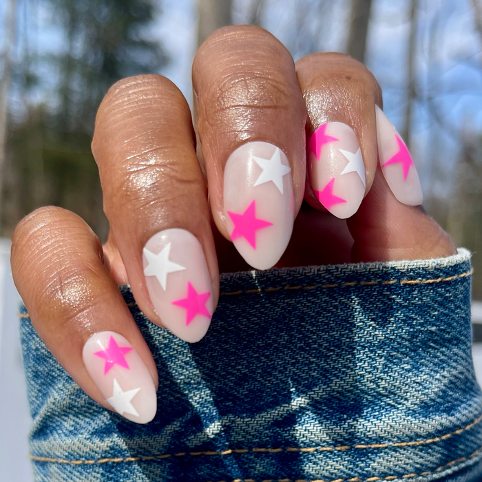Neon Star Mixed Pack - Press-On | Medium | Almond with sheer base and white plus neon pink star design for mani