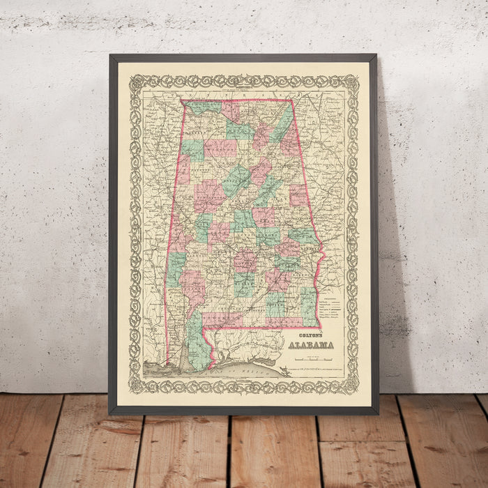 Old Map of Alabama, 1855 by J.H. Colton: Mobile, Montgomery, Huntsville, Tuscaloosa, and Selma