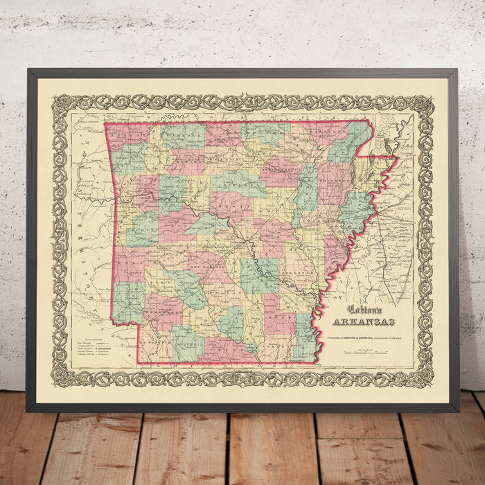 Old Map of Arkansas by J.H. Colton, 1855: Little Rock, Fort Smith, Fayetteville, Pine Bluff, Van Buren