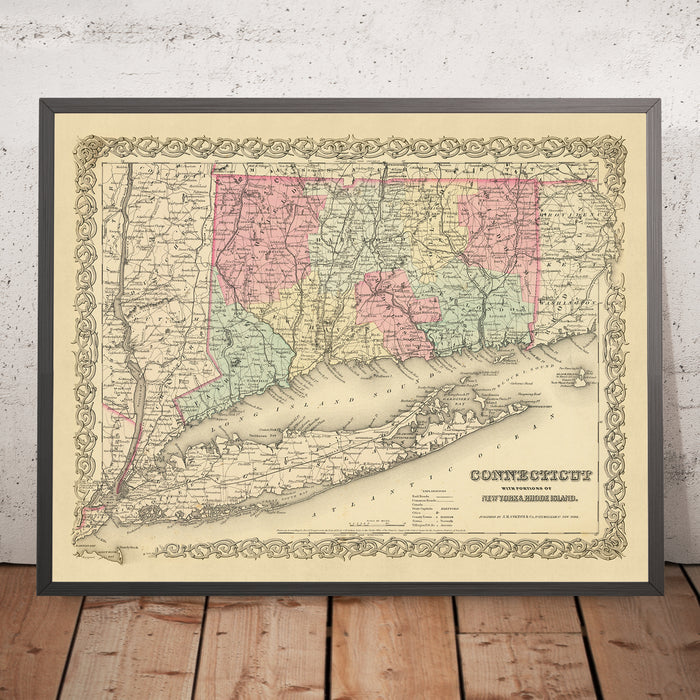 Old Map of Connecticut & Long Island by Colton, 1855: New Haven, Hartford, Bridgeport, Stamford, and New London