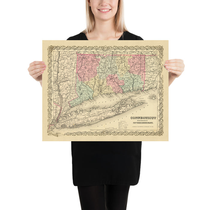 Old Map of Connecticut & Long Island by Colton, 1855: New Haven, Hartford, Bridgeport, Stamford, and New London