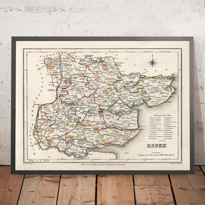 Old Map of Essex, 1844 by Samuel Lewis - Great Eastern Railway, ECR, Chelmsford, Colchester