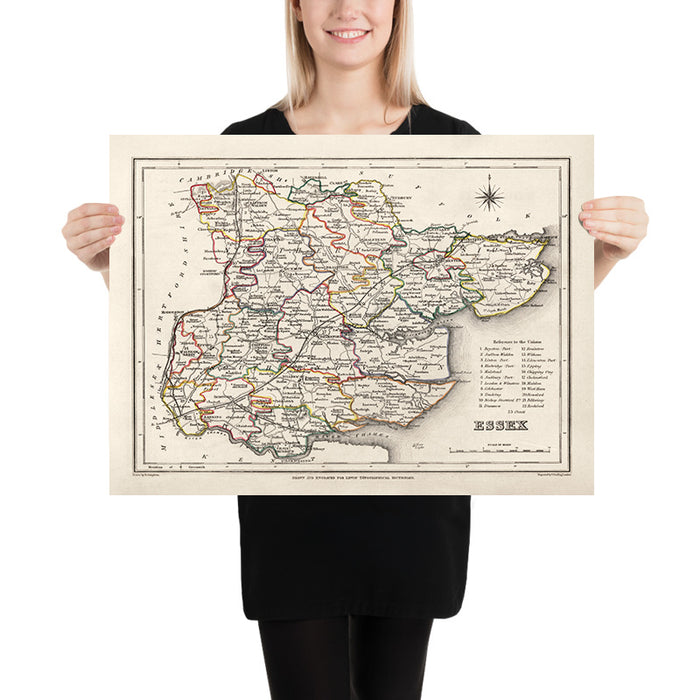 Old Map of Essex, 1844 by Samuel Lewis - Great Eastern Railway, ECR, Chelmsford, Colchester