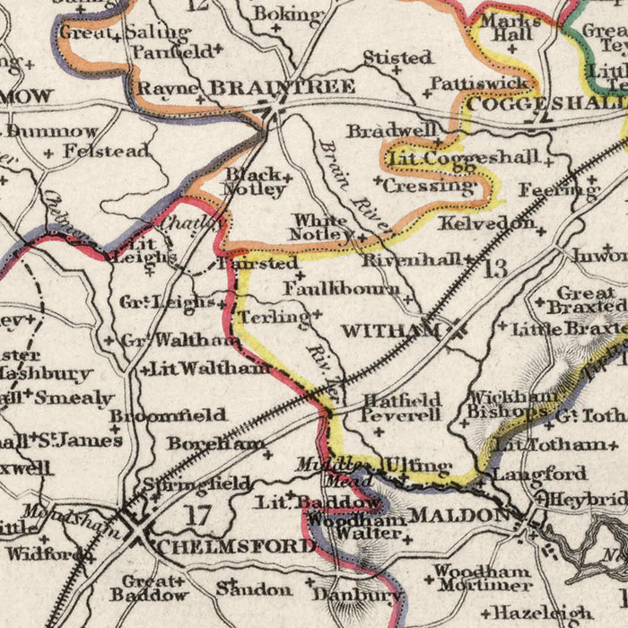 Old Map of Essex, 1844 by Samuel Lewis - Great Eastern Railway, ECR, Chelmsford, Colchester