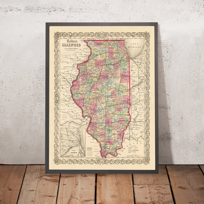 Old map of Illinois by J. H. Colton, 1855: Chicago, Peoria, Springfield, Galena, Quincy