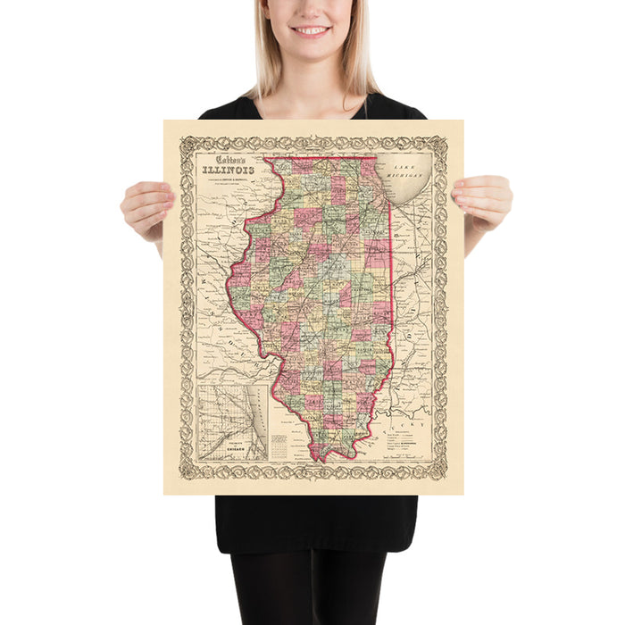 Old map of Illinois by J. H. Colton, 1855: Chicago, Peoria, Springfield, Galena, Quincy