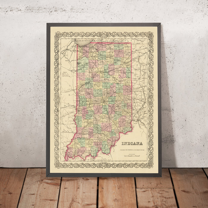 Old map of Indiana by J.H. Colton, 1855: Indianapolis, Fort Wayne, New Albany, Terre Haute, Lafayette