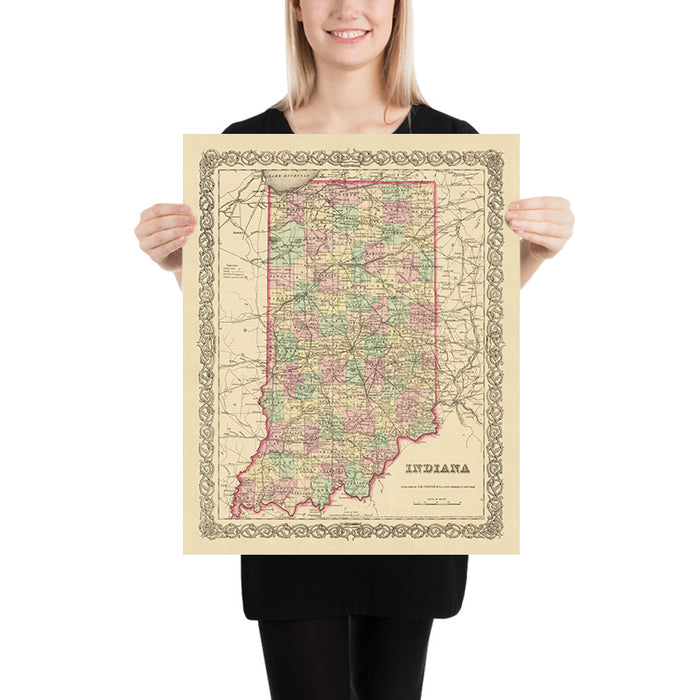 Old map of Indiana by J.H. Colton, 1855: Indianapolis, Fort Wayne, New Albany, Terre Haute, Lafayette