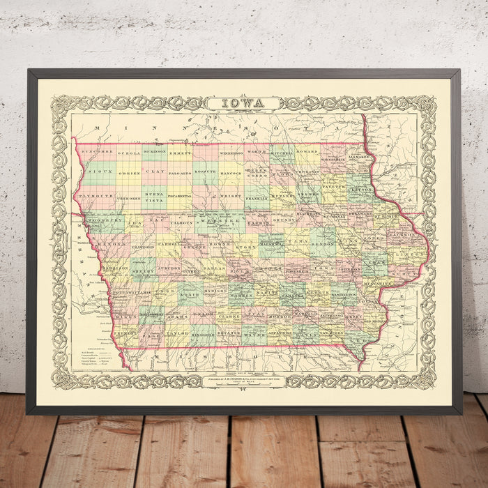 Old map of Iowa by J. H. Colton, 1856: Des Moines, Iowa City, Dubuque, Davenport, Burlington