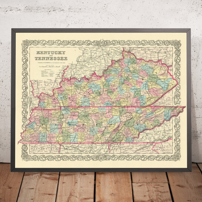 Old map of Kentucky & Tennessee by J. H. Colton, 1855: Louisville, Lexington, Frankfort, Covington, and Bowling Green