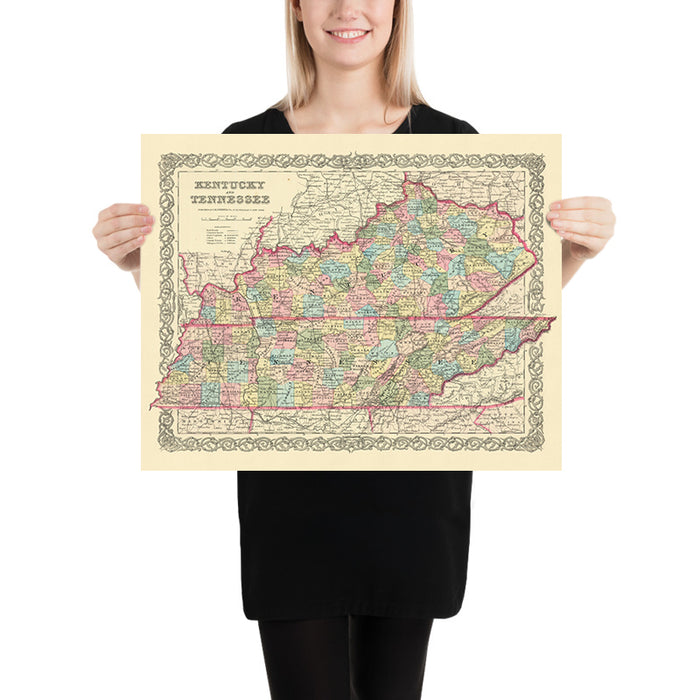Old map of Kentucky & Tennessee by J. H. Colton, 1855: Louisville, Lexington, Frankfort, Covington, and Bowling Green