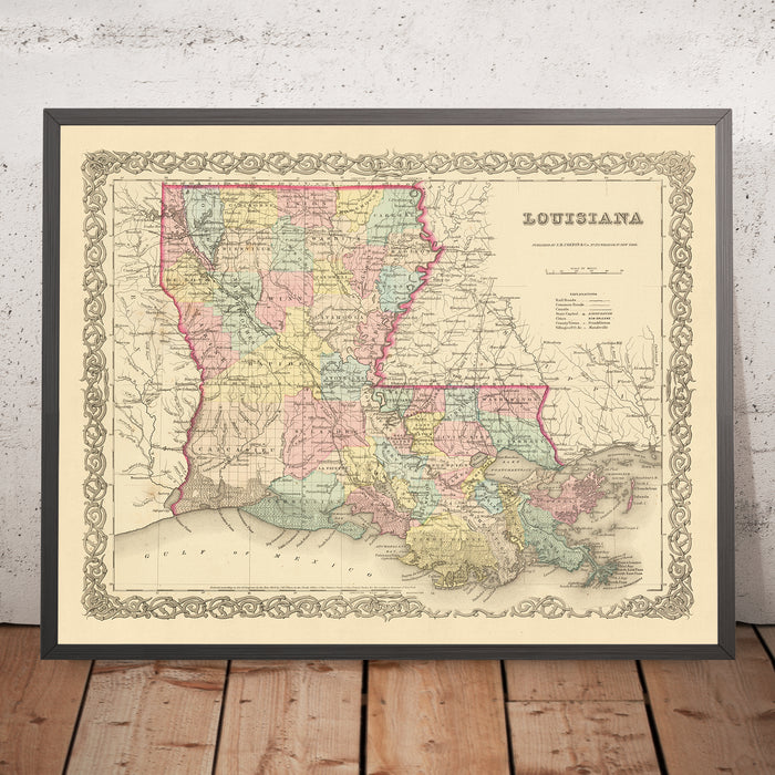 Old Map of Louisiana by J.H. Colton, 1855: New Orleans, Baton Rouge, Shreveport, Lafayette, Lake Charles