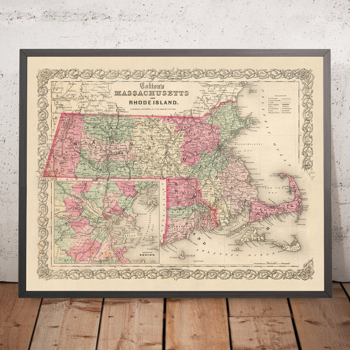 Old Map of Massachusetts by J.H. Colton, 1855: Boston, Worcester, Springfield, Lowell, and New Bedford