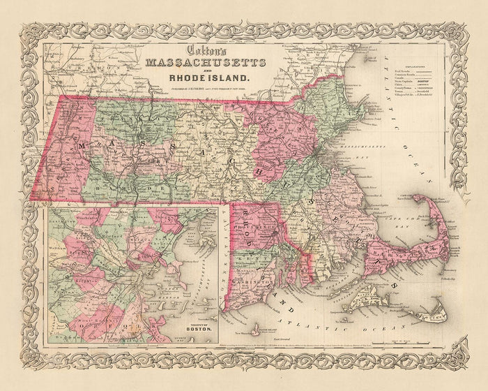 Old Map of Massachusetts by J.H. Colton, 1855: Boston, Worcester, Springfield, Lowell, and New Bedford
