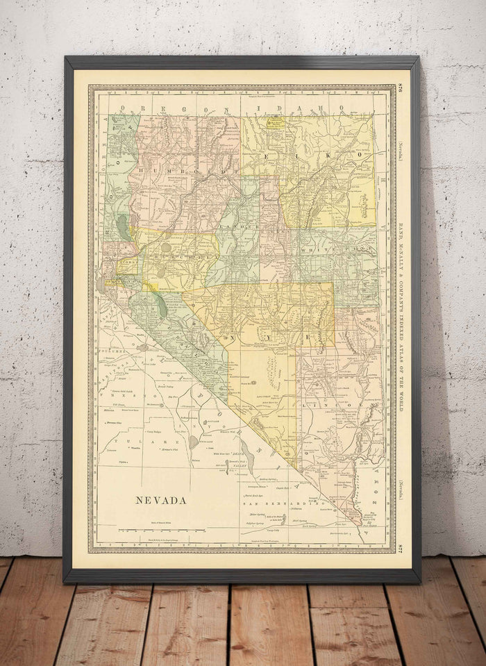 Old Map of Nevada, USA, 1882 by Rand & McNally - Las Vegas, Reno, Counties, Carson City