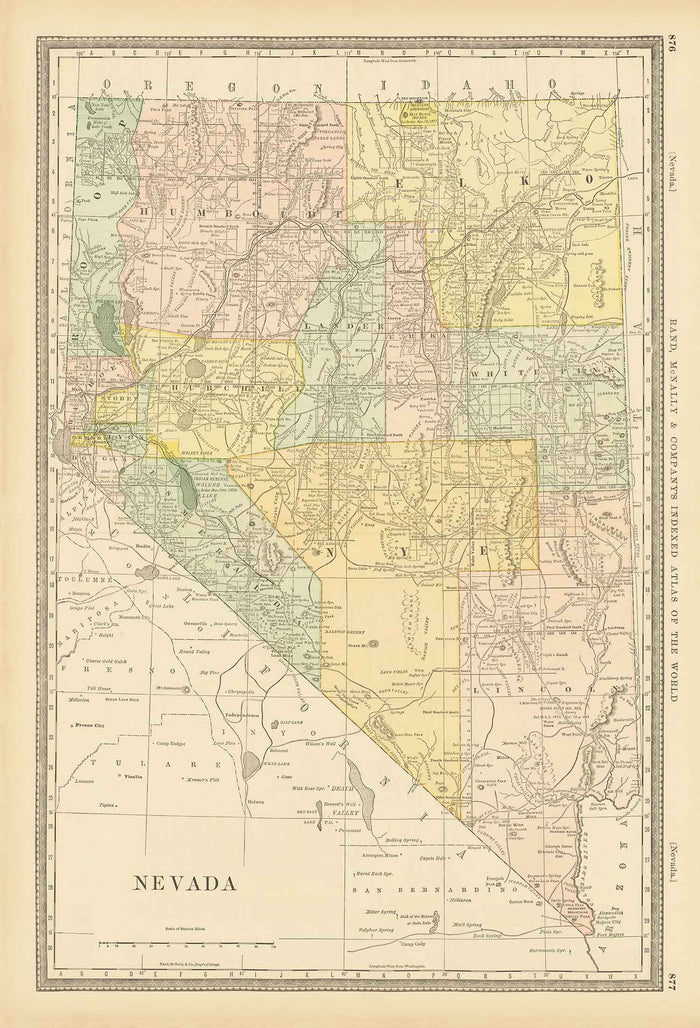 Old Map of Nevada, USA, 1882 by Rand & McNally - Las Vegas, Reno, Counties, Carson City