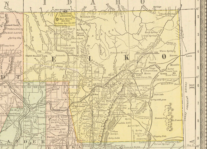 Old Map of Nevada, USA, 1882 by Rand & McNally - Las Vegas, Reno, Counties, Carson City