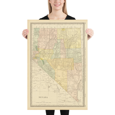 Old Map of Nevada, USA, 1882 by Rand & McNally - Las Vegas, Reno, Counties, Carson City