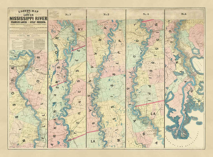 Old Map of the Mississippi River, 1863 by JT Floyd - Strip Map From St Louis to Gulf of Mexico