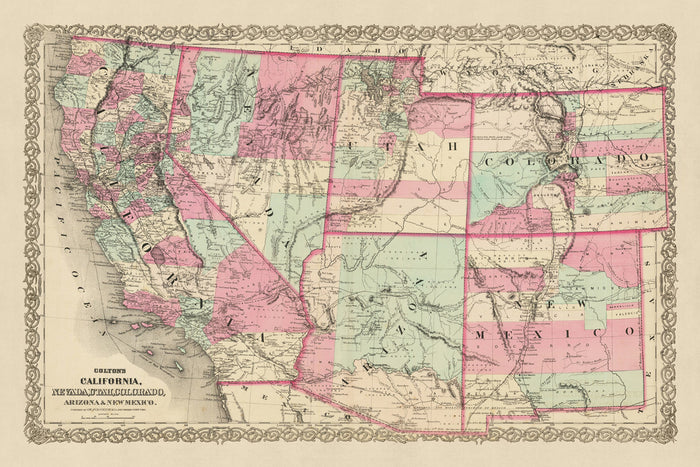 Old Map of Western United States by J.H. Colton, 1871: San Francisco, Salt Lake City, Denver, Tucson, and Santa Fe
