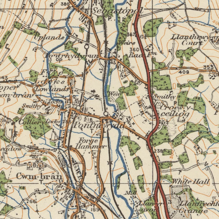 Old Ordnance Survey Map, Sheet 102 - Newport, 1925: Cwmbran, Pontypool, Abertillery, Blackwood, Caerphilly – centre detail crop