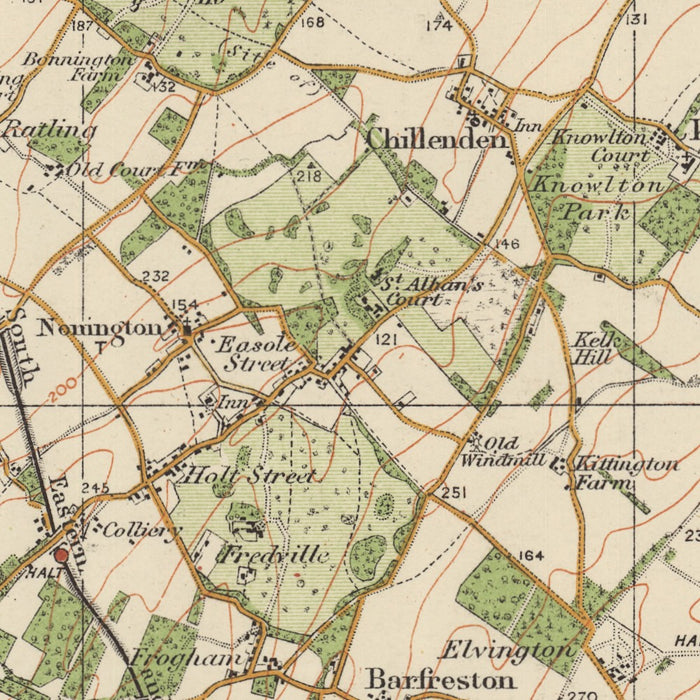 Old Ordnance Survey Map, Sheet 117 - East Kent, 1925: Canterbury, Dover, Folkestone, Broadstairs, Kent Downs AONB – centre detail crop