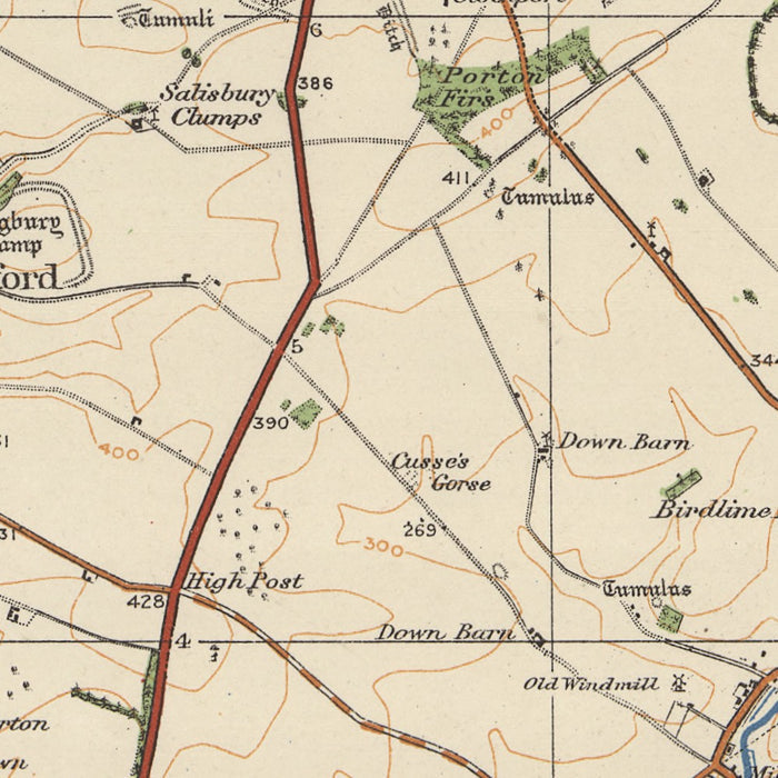 Old Ordnance Survey Map, Sheet 122 - Salisbury & Bulford, 1925: Andover, Amesbury, Wilton, Stockbridge, Cranborne Chase AONB – centre detail crop