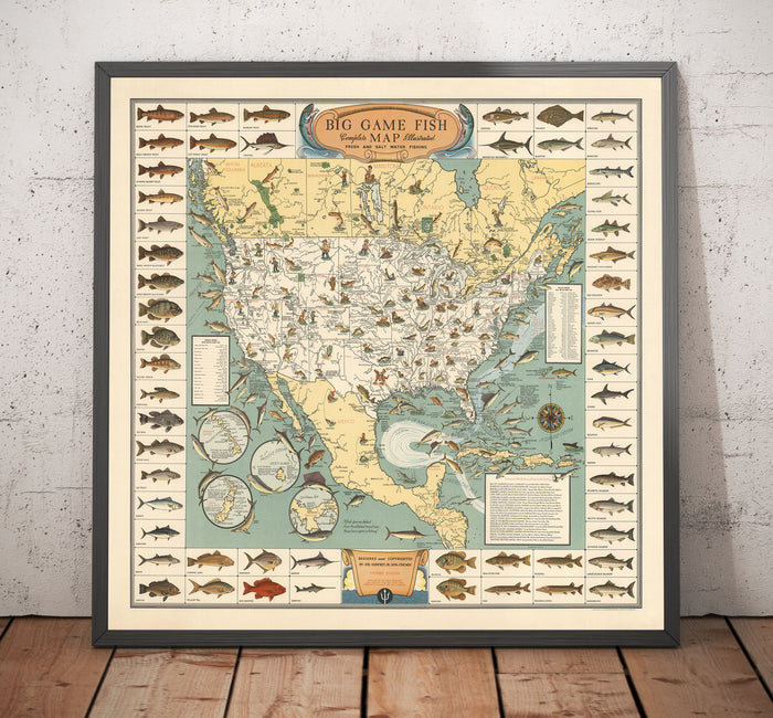 Old Pictorial Big Game Fish Map of the USA, 1936 - Alaska, Florida, Michigan, Minnesota, Louisiana