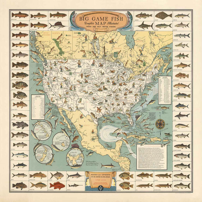 Old Pictorial Big Game Fish Map of the USA, 1936 - Alaska, Florida, Michigan, Minnesota, Louisiana