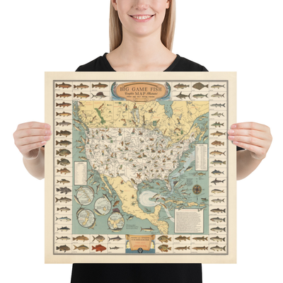 Old Pictorial Big Game Fish Map of the USA, 1936 - Alaska, Florida, Michigan, Minnesota, Louisiana