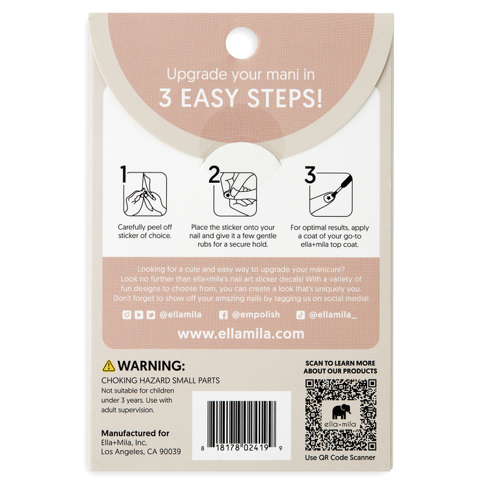 On Brand nail decals packaging, back with 3-step application instructions