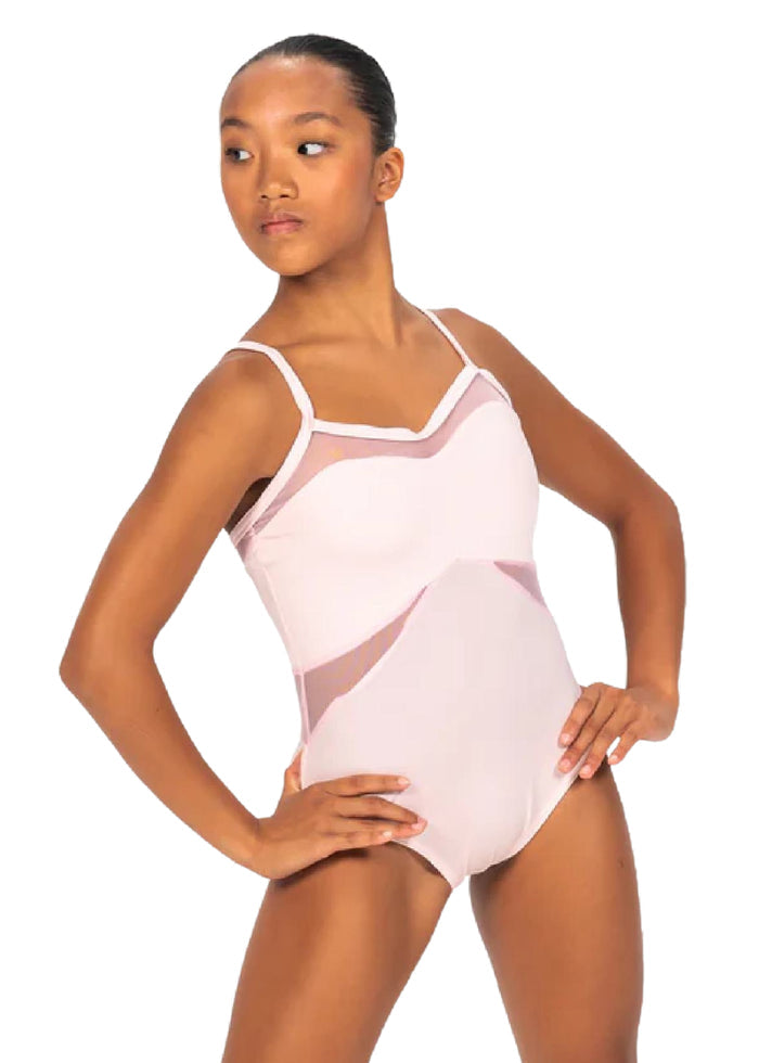 MSeam Apparel Women's Daisy Mesh Insert Camisole Leotard in Rosette (a pale pink)
