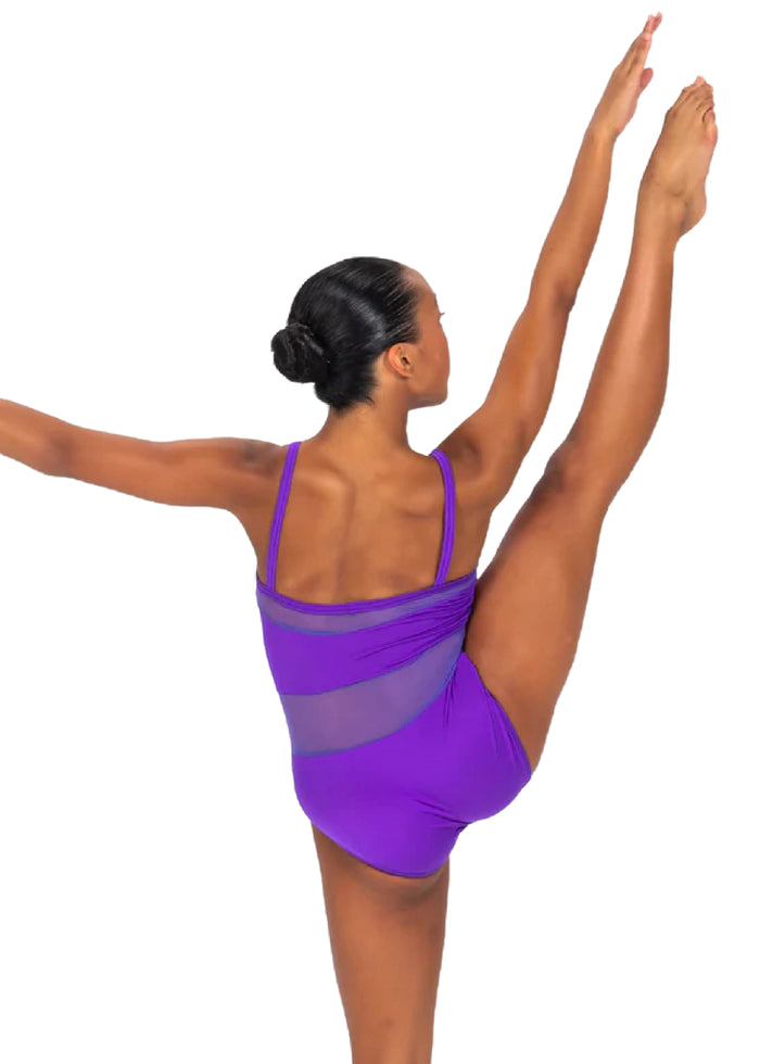 MSeam Apparel Women's Daisy Mesh Insert Camisole Leotard in Iris (bright purple)