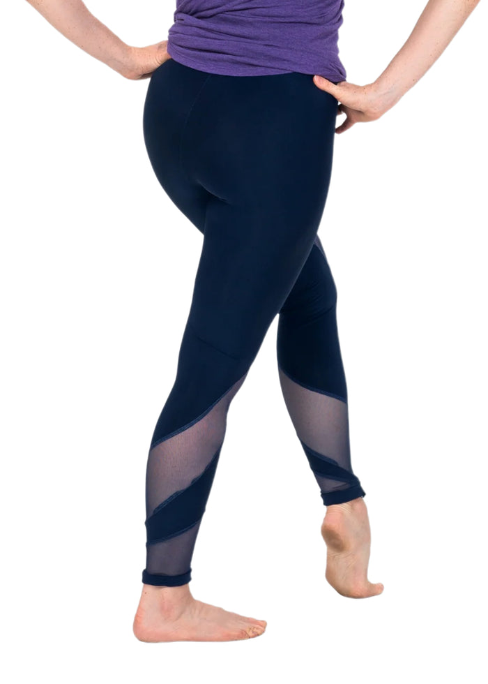 MSeam Apparel Women's Spiral Leggings with Mesh Inserts in Dark Navy Blue